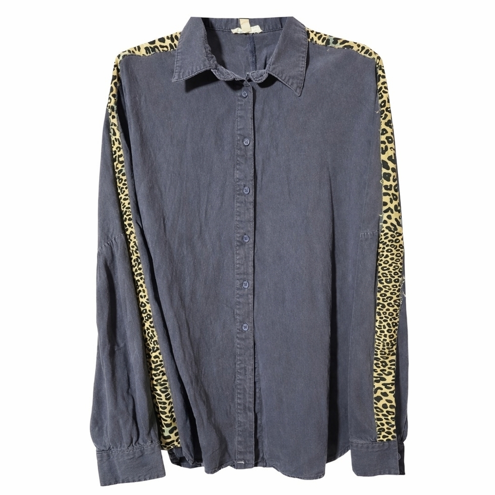 Easel Oversized Navy Leopard‎ Print Button Down Shacket Top Sz Large